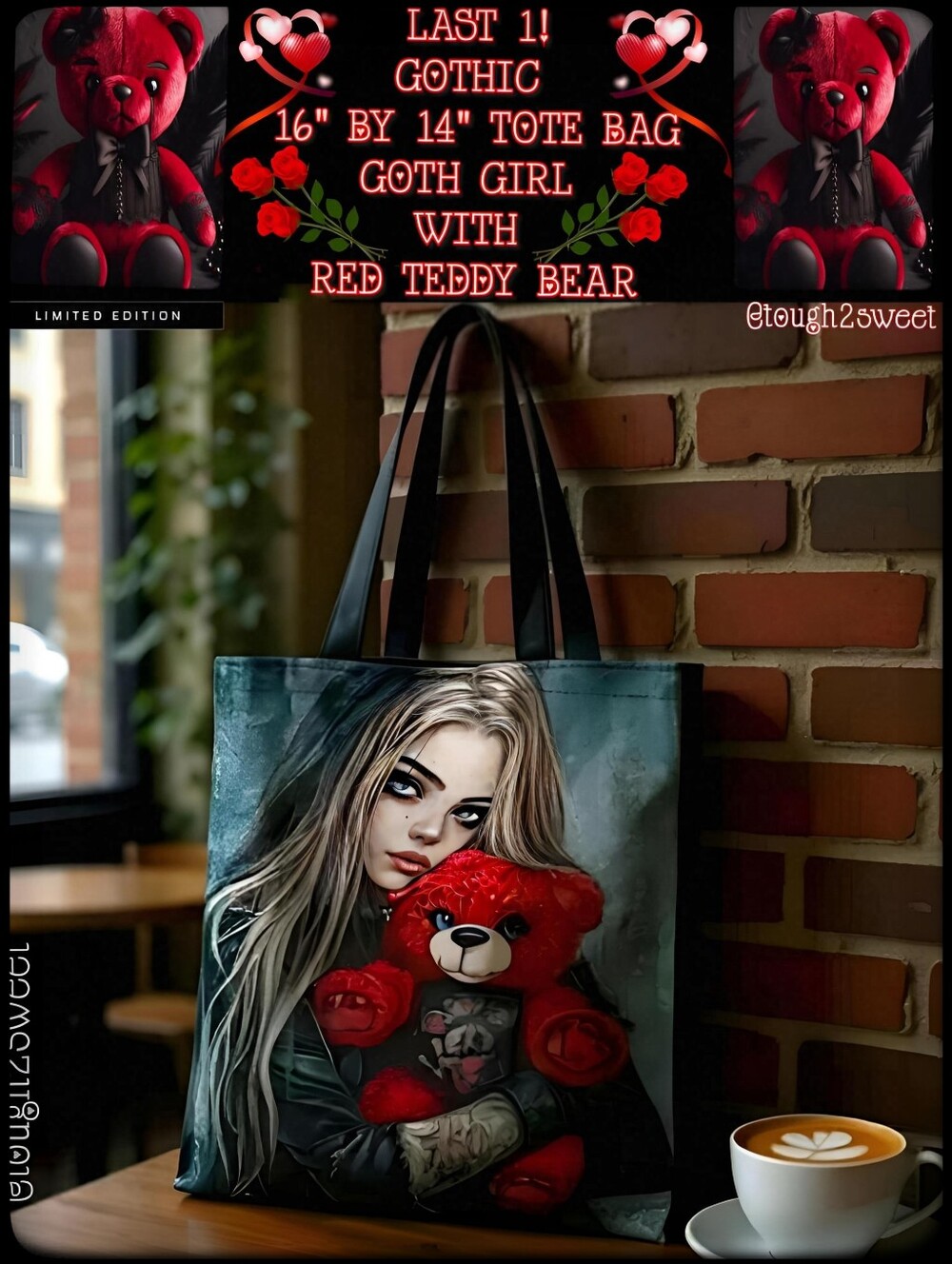 🆕️LAST 1❣️16" BY 14" GOTHIC TOTE BAG/GOTH GIRL WITH RED TEDDY BEAR GRAPHIC Y2K